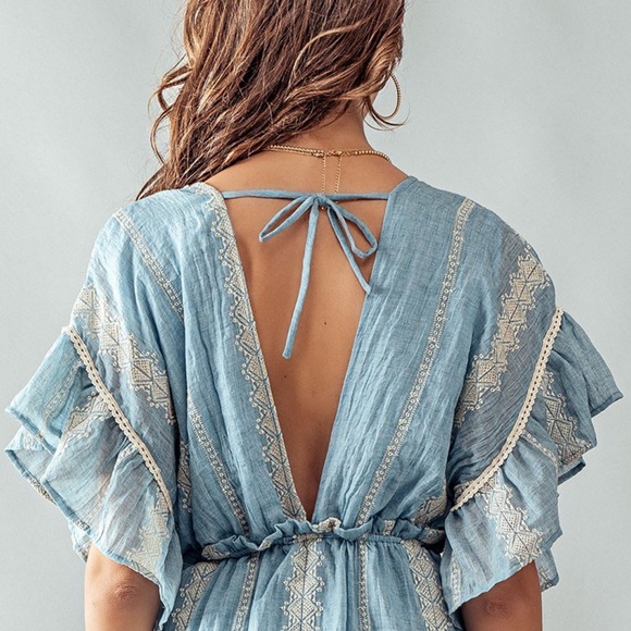 314. LAST 1 Maxi Ruffle Dress Oversized Blue Lace Embroidered clearance - Picture 2 of 6